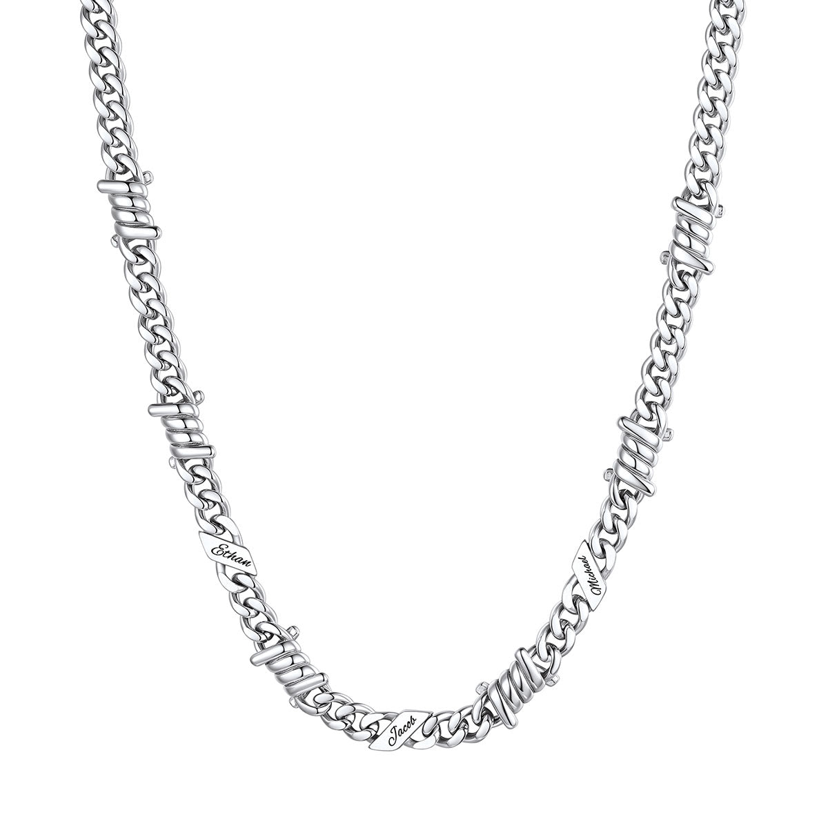 Personalized 3 Names Barbed Wire Cuban Link Necklace 7mm on a white background