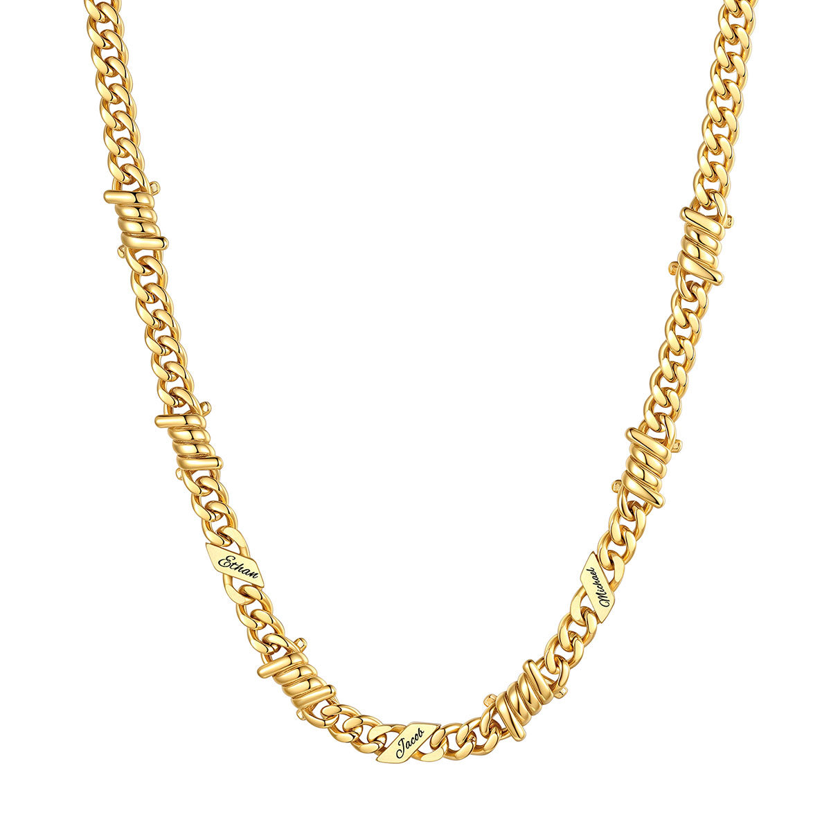 Personalized 3 Names Barbed Wire Cuban Link Necklace 7mm on a white background Gold Plated