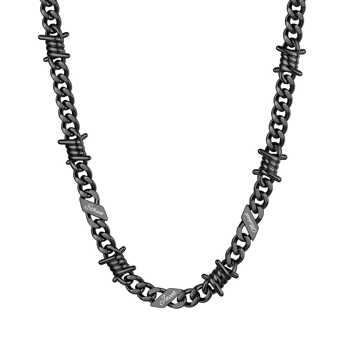 Personalized 3 Names Barbed Wire Cuban Link Necklace 9mm