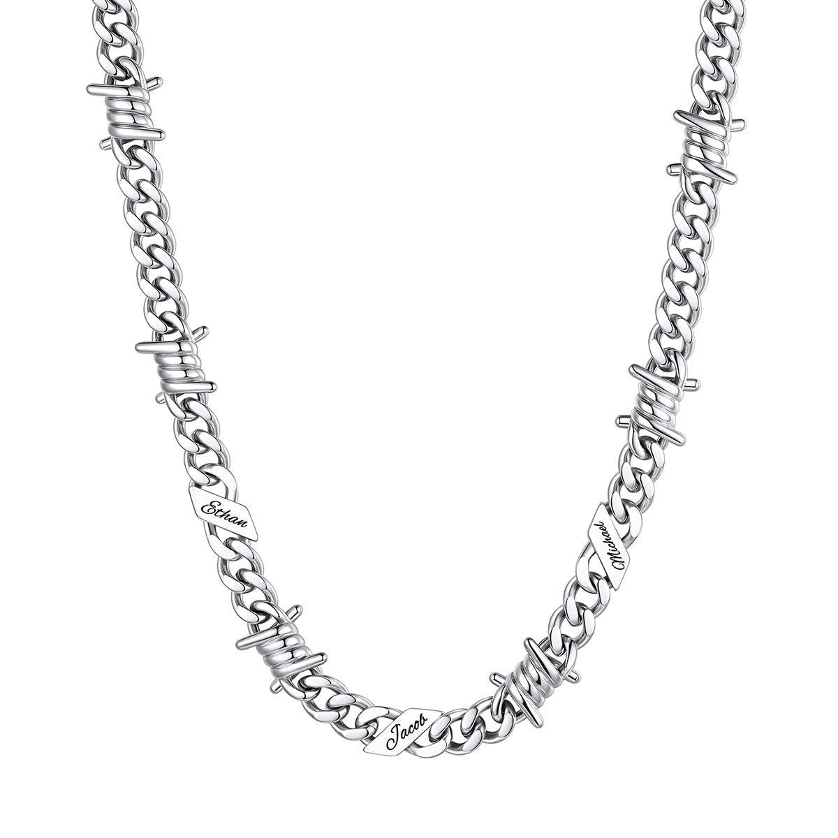 Personalized 3 Names Barbed Wire Cuban Link Necklace 9mm on a white background