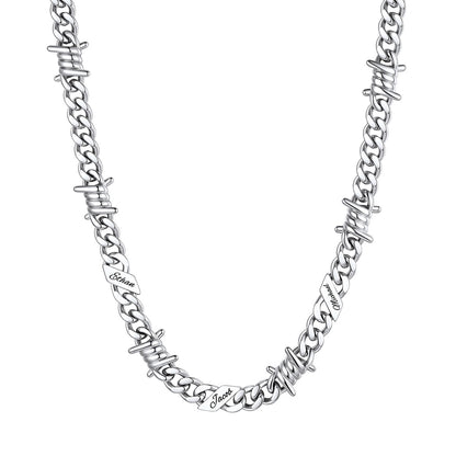 Personalized 3 Names Barbed Wire Cuban Link Necklace 9mm on a white background