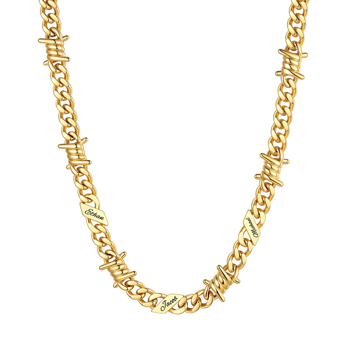Personalized 3 Names Barbed Wire Cuban Link Necklace 9mm on a white background Gold Plated