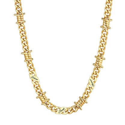 Personalized 3 Names Barbed Wire Cuban Link Necklace 9mm on a white background Gold Plated