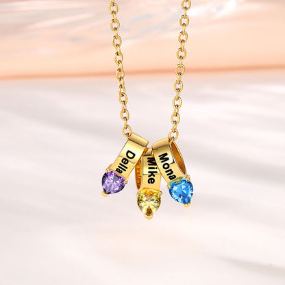 Personalized 3 Names Heart Birthstone Necklace