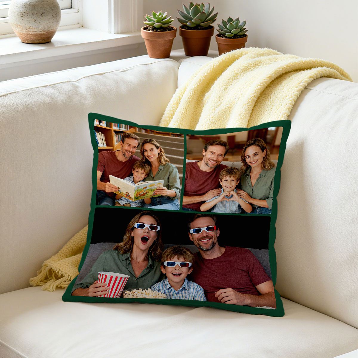 Personalized 3 Photos Throw Pillow on the sofa
