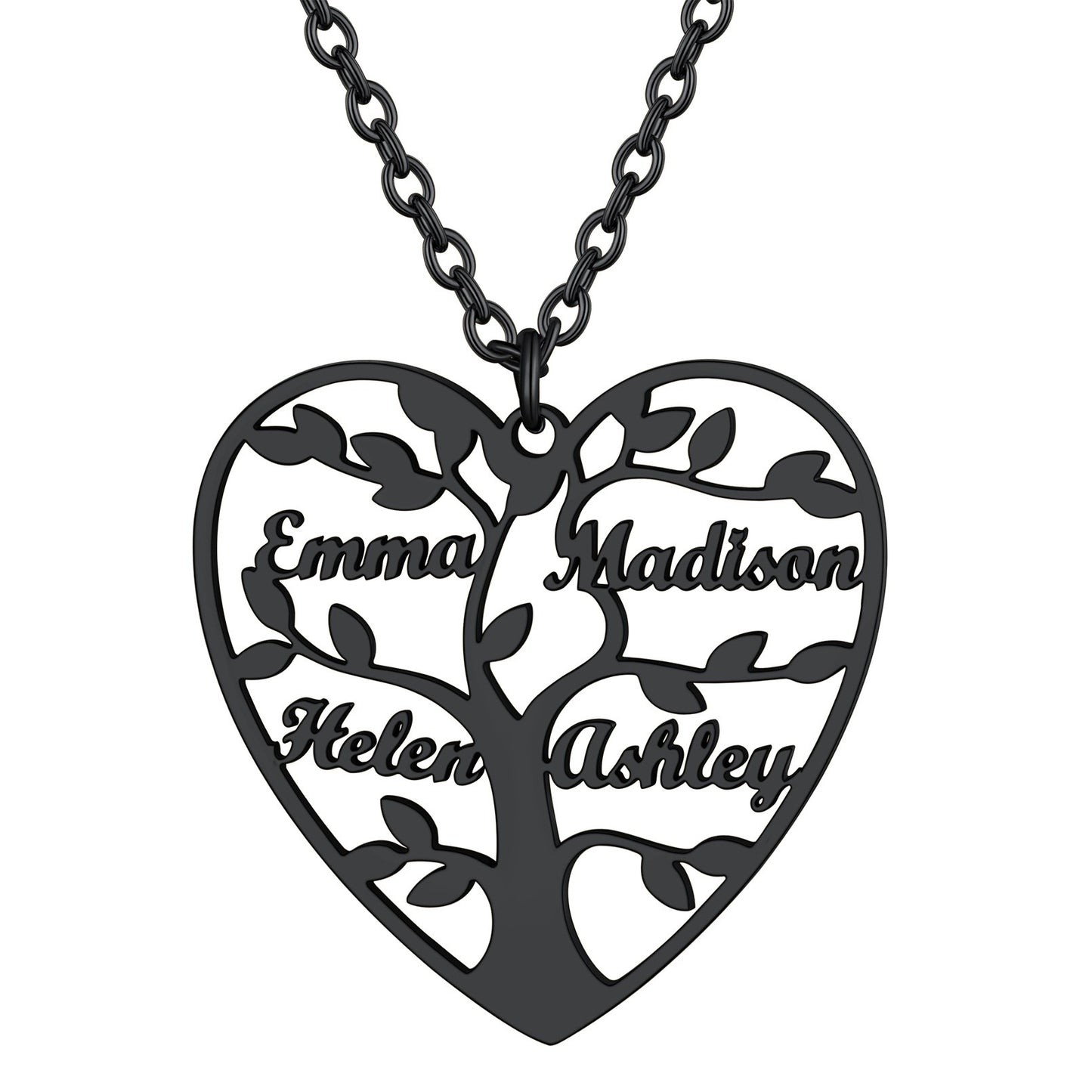 Personalized 4 Name Family Tree of Life Heart Necklace Black
