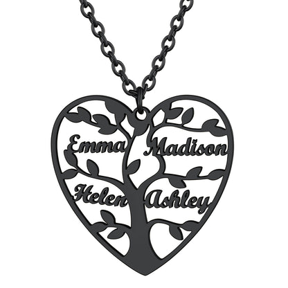 Personalized 4 Name Family Tree of Life Heart Necklace Black