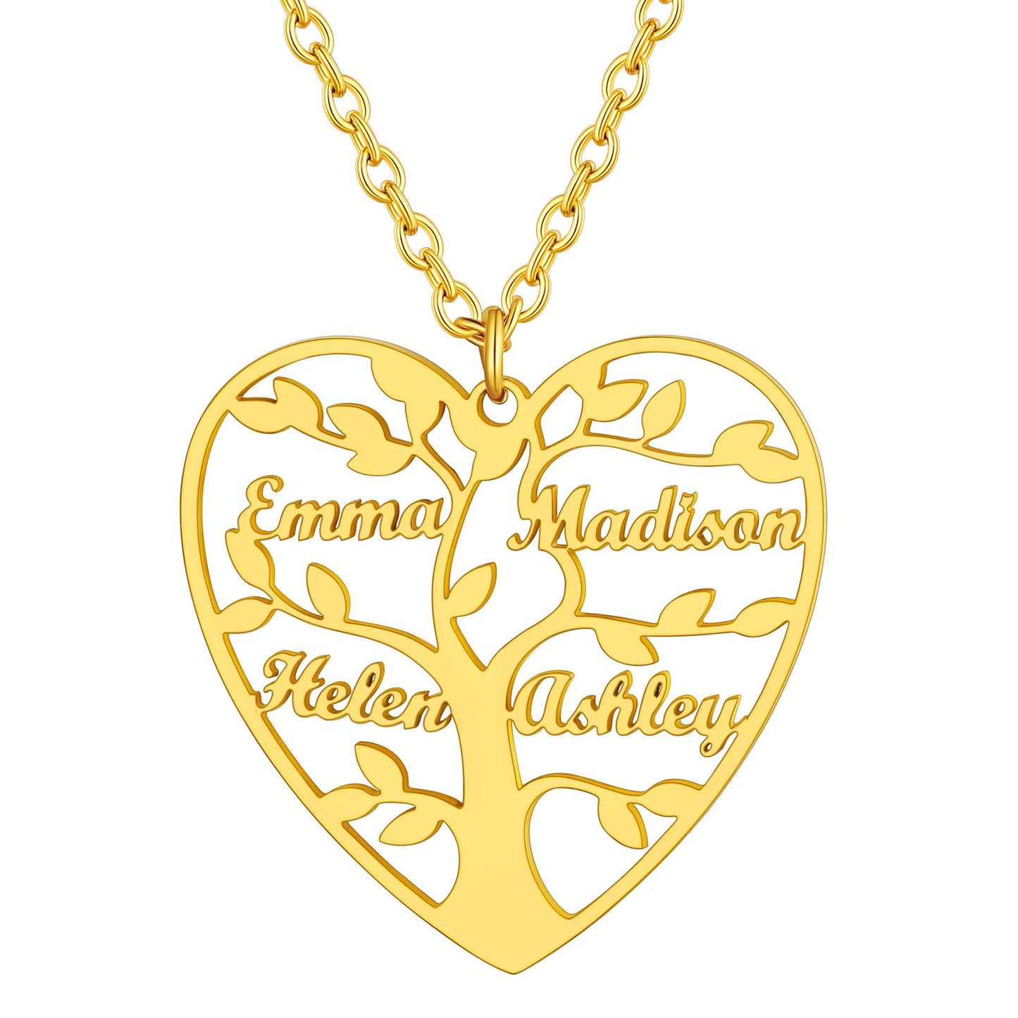Personalized 4 Name Family Tree of Life Heart Necklace Gold Plated
