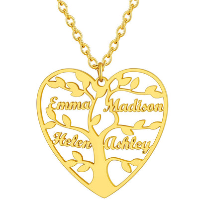 Personalized 4 Name Family Tree of Life Heart Necklace Gold Plated