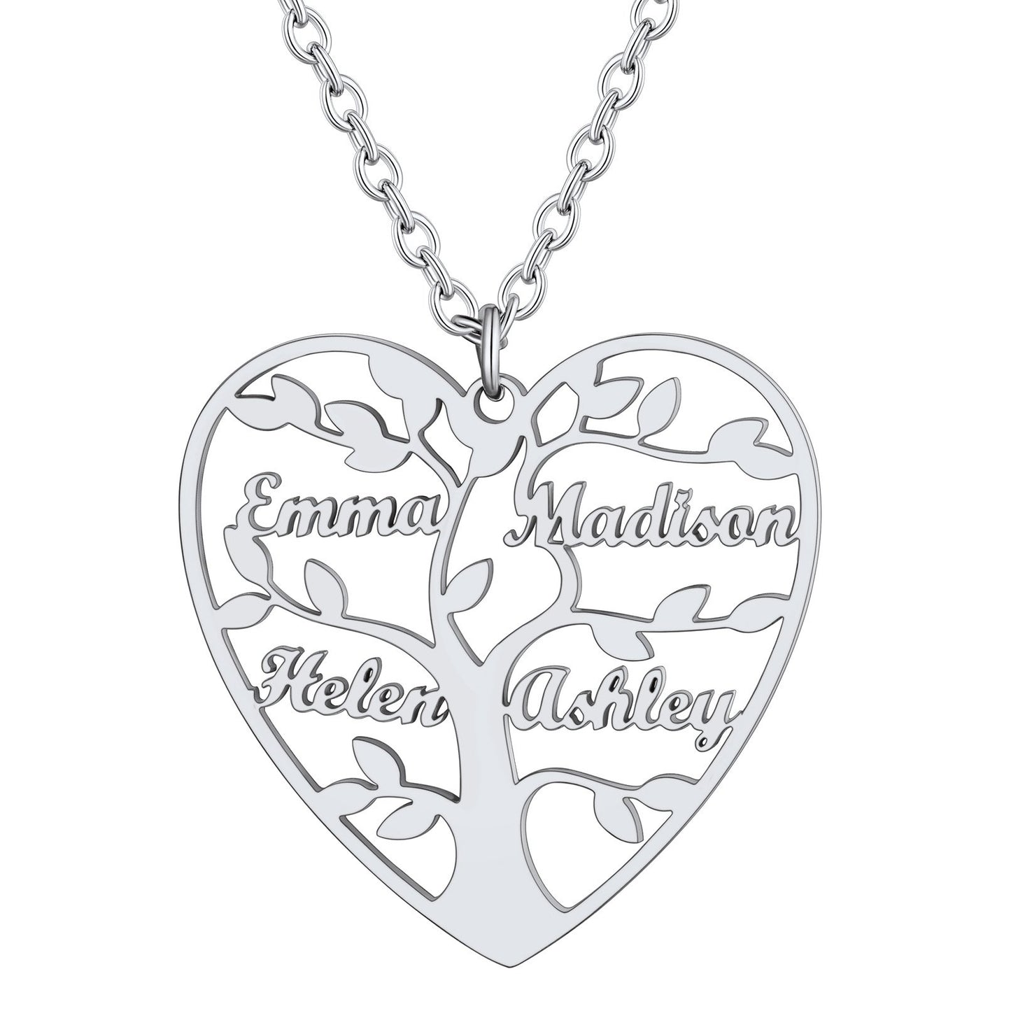 Personalized 4 Name Family Tree of Life Heart Necklace Steel