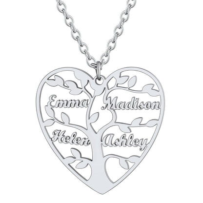 Personalized 4 Name Family Tree of Life Heart Necklace Steel