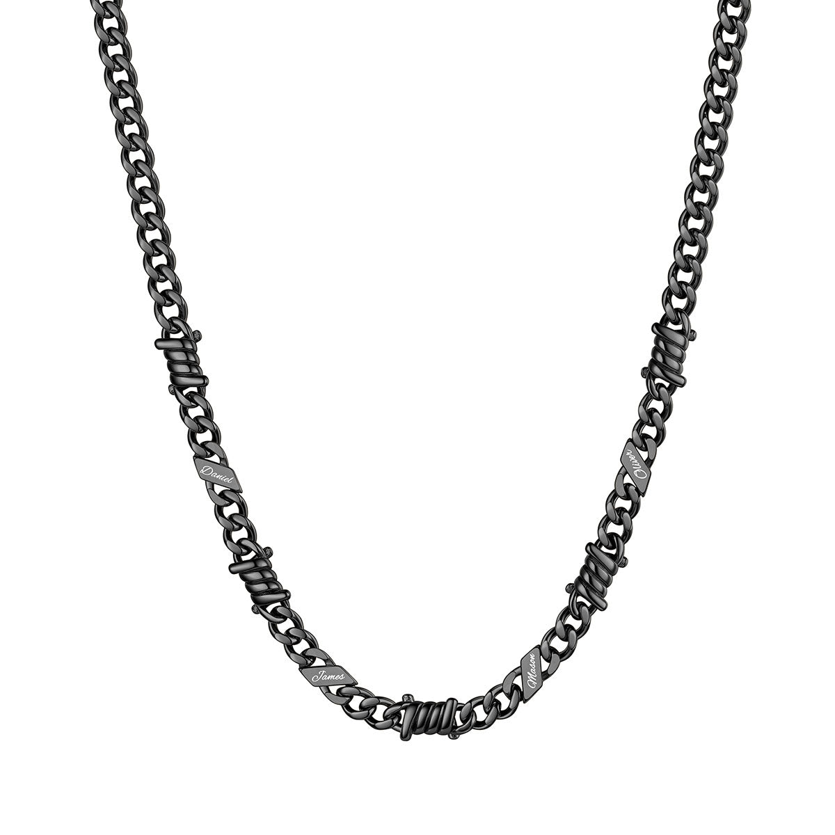 Personalized 4 Names Barbed Wire Cuban Link Necklace 5mm on a white background Black Plated