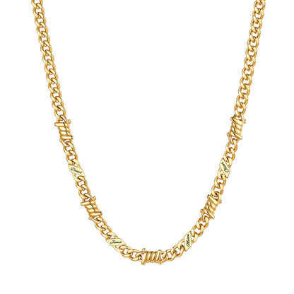 Personalized 4 Names Barbed Wire Cuban Link Necklace 5mm on a white background