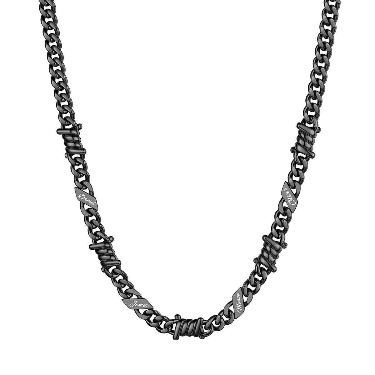 Personalized 4 Names Barbed Wire Cuban Link Necklace 7mm