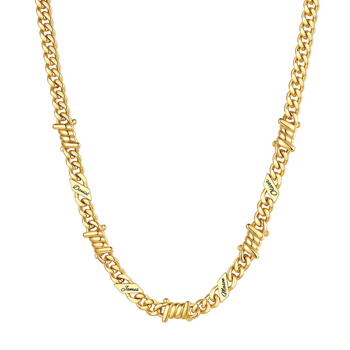 Personalized 4 Names Barbed Wire Cuban Link Necklace 7mm on a white background Gold Plated