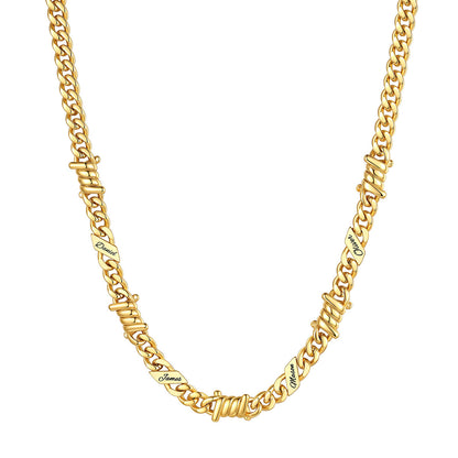 Personalized 4 Names Barbed Wire Cuban Link Necklace 7mm on a white background Gold Plated