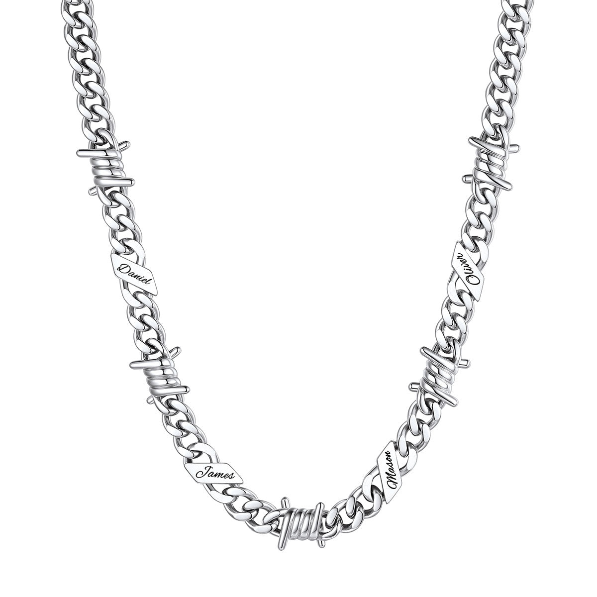 Personalized 4 Names Barbed Wire Cuban Link Necklace 9mm on a white background