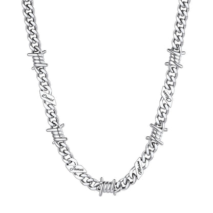 Personalized 4 Names Barbed Wire Cuban Link Necklace 9mm on a white background