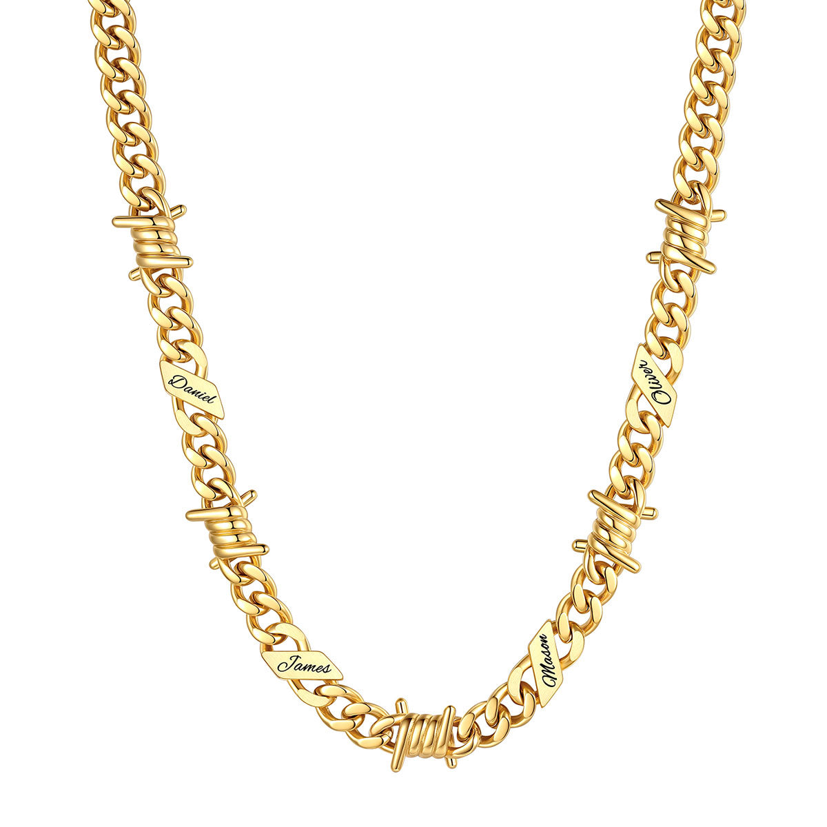 Personalized 4 Names Barbed Wire Cuban Link Necklace 9mm on a white background Gold Plated