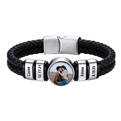 Personalized 4 Names Photo Double Layer Leather Bracelet for Men on a white background