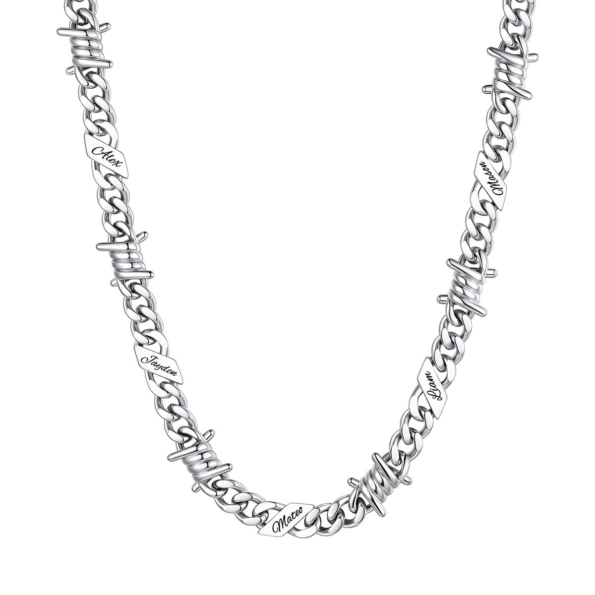 Personalized 5 Name Barbed Wire Cuban Link Necklace 9mm on a white background