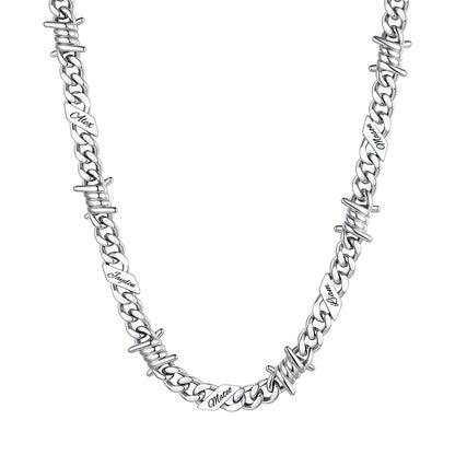 Personalized 5 Name Barbed Wire Cuban Link Necklace 9mm on a white background