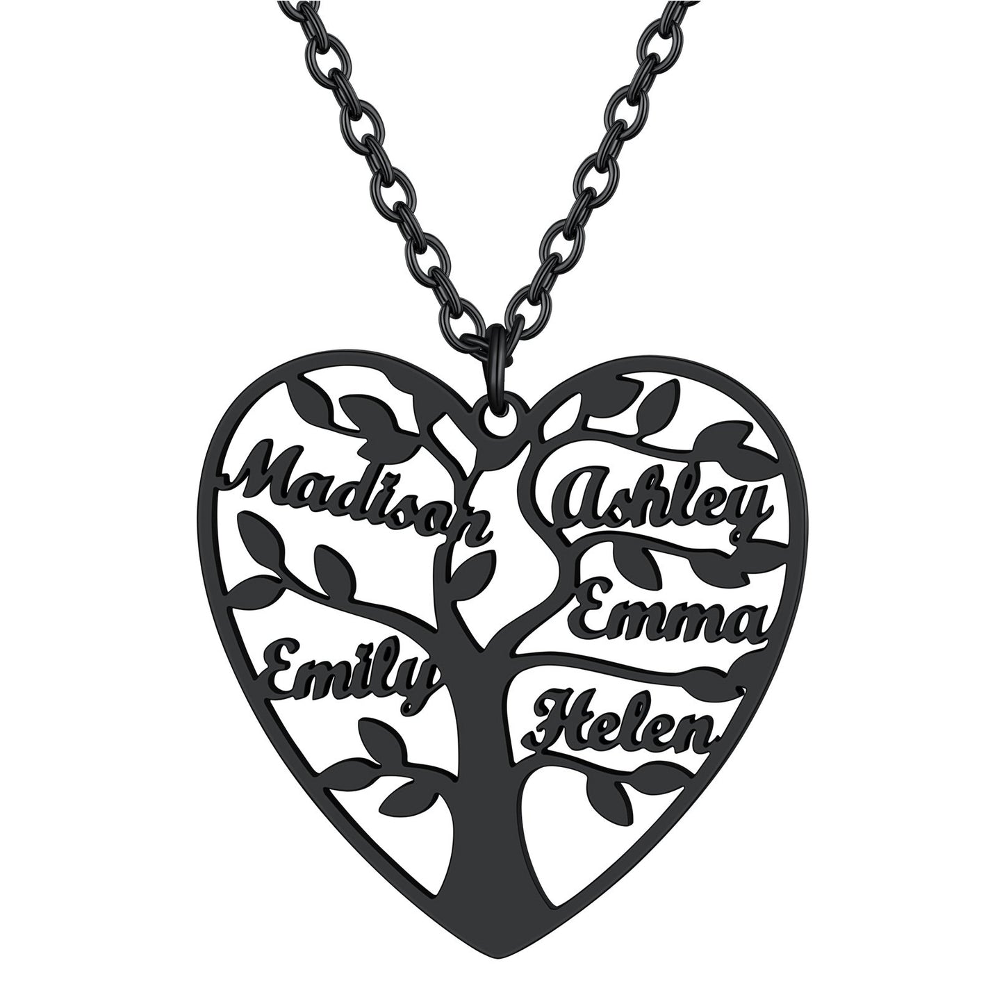 Personalized 5 Name Family Tree of Life Heart Necklace Black