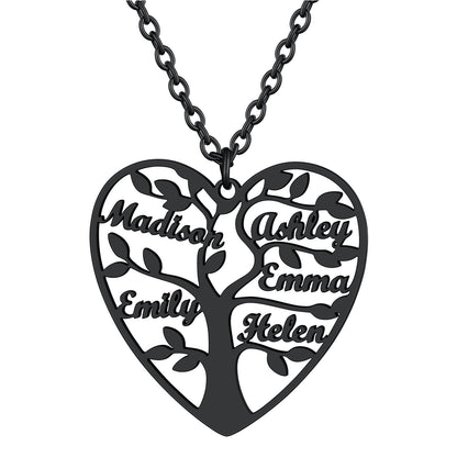 Personalized 5 Name Family Tree of Life Heart Necklace Black