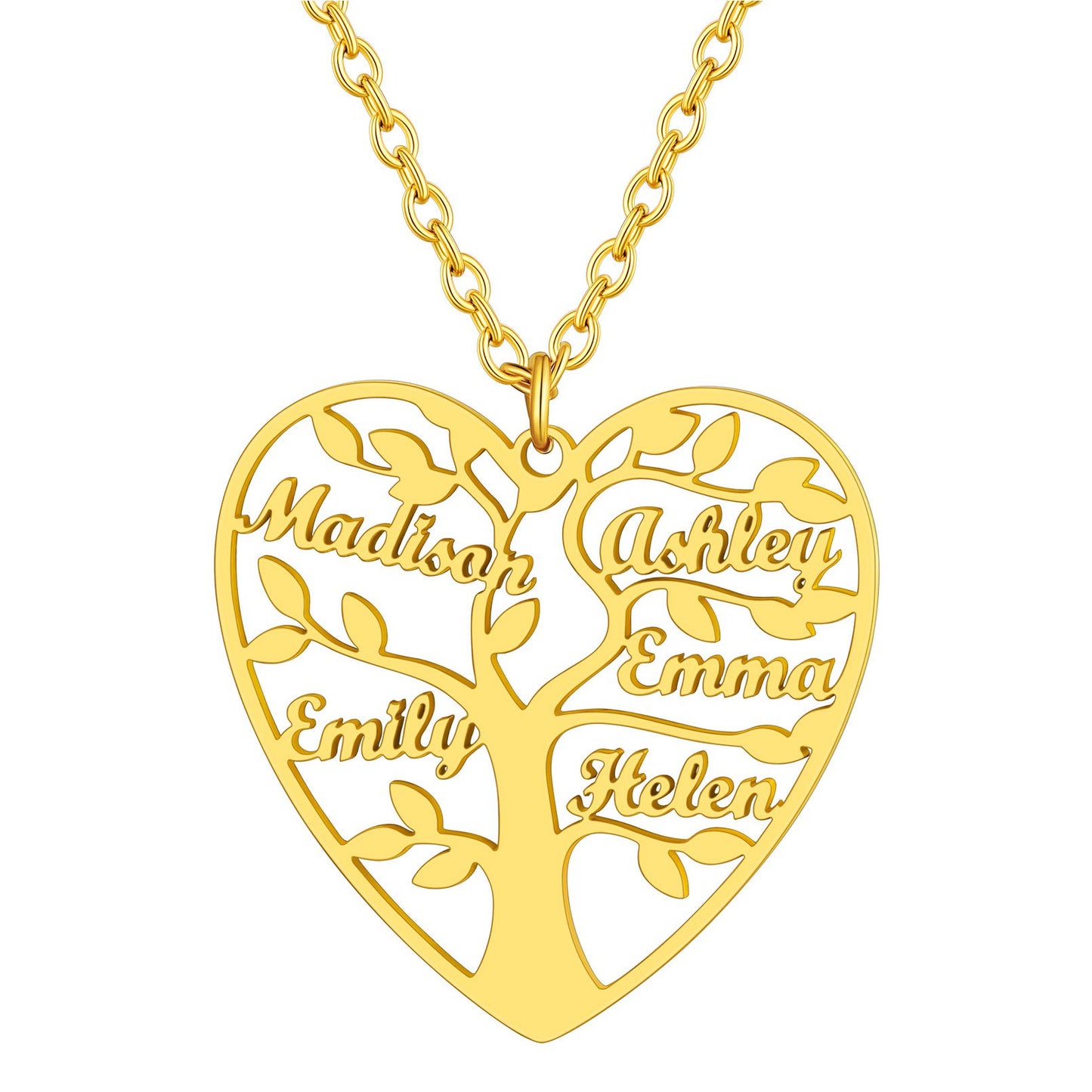 Personalized 5 Name Family Tree of Life Heart Necklace Gold Plated