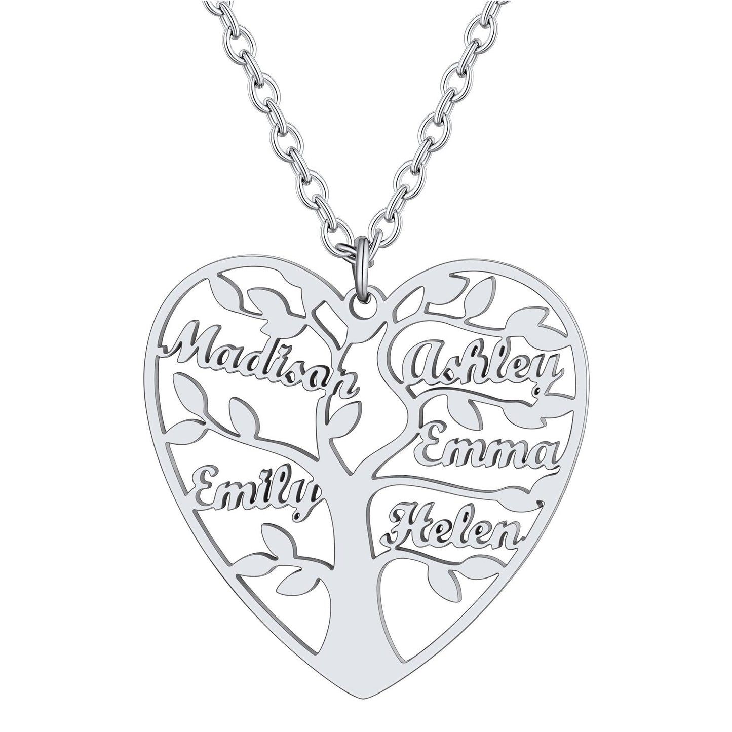 Personalized 5 Name Family Tree of Life Heart Necklace Steel