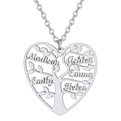 Personalized 5 Name Family Tree of Life Heart Necklace Steel