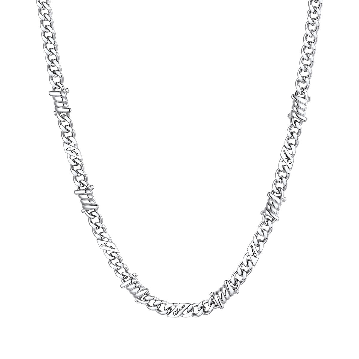 Personalized 5 Names Barbed Wire Cuban Link Necklace 5mm on a white background