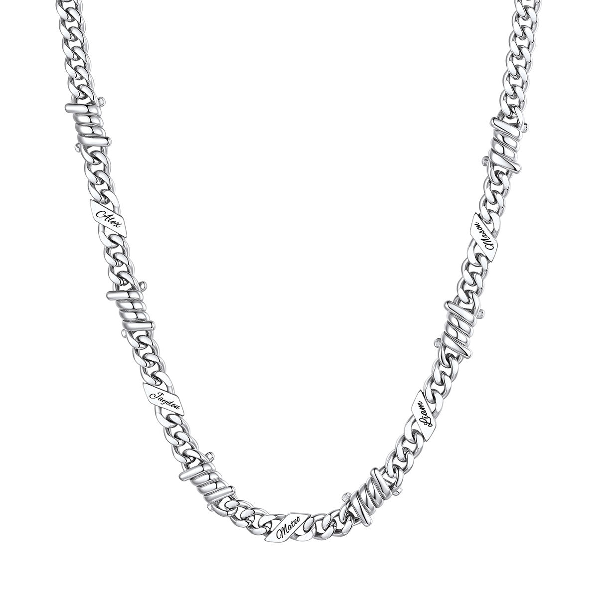 Personalized 5 Names Barbed Wire Cuban Link Necklace 7mm on a white background