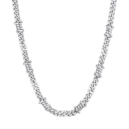 Personalized 5 Names Barbed Wire Cuban Link Necklace 7mm on a white background