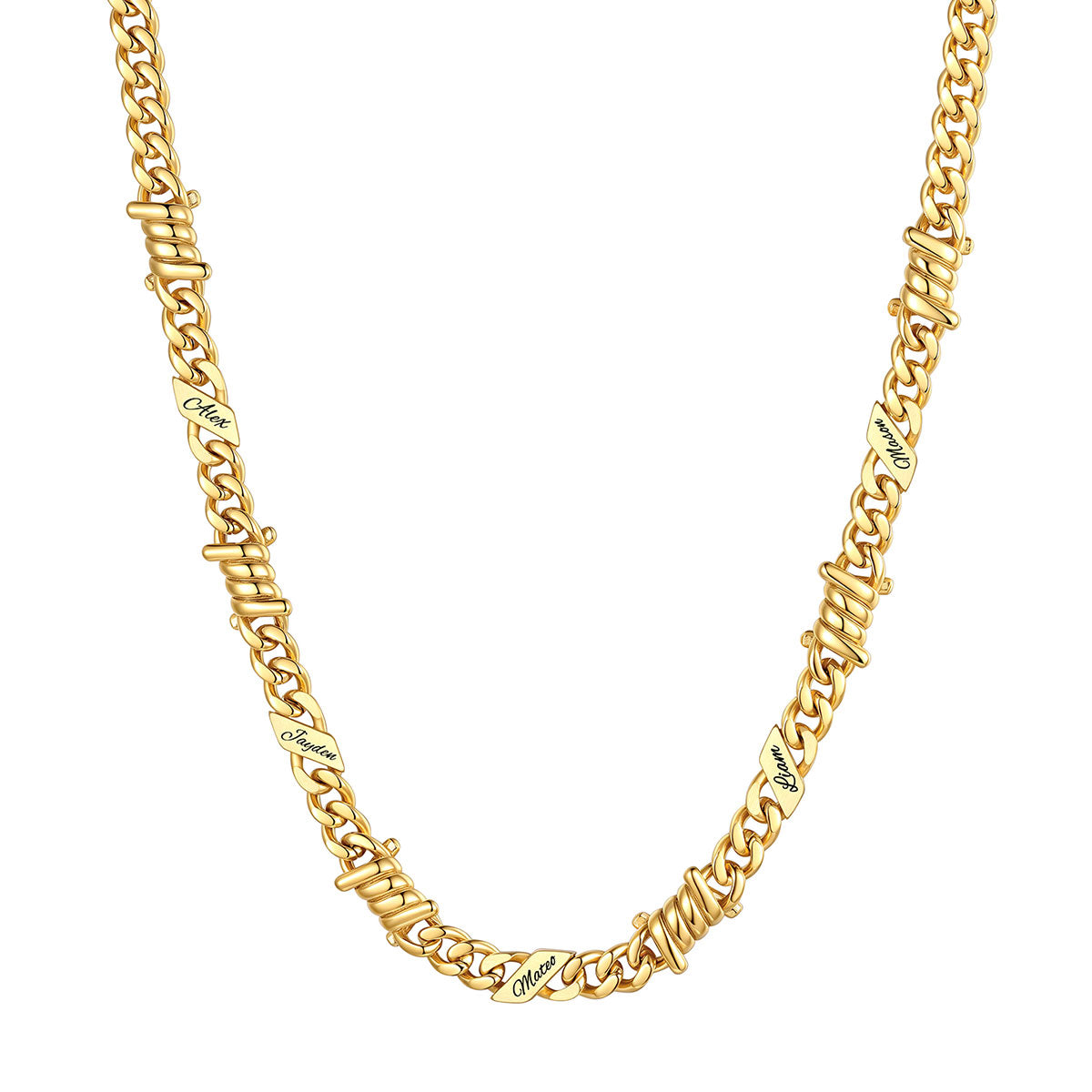 Personalized 5 Names Barbed Wire Cuban Link Necklace 7mm on a white background Gold Plated