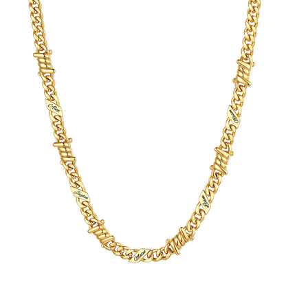 Personalized 5 Names Barbed Wire Cuban Link Necklace 7mm on a white background Gold Plated