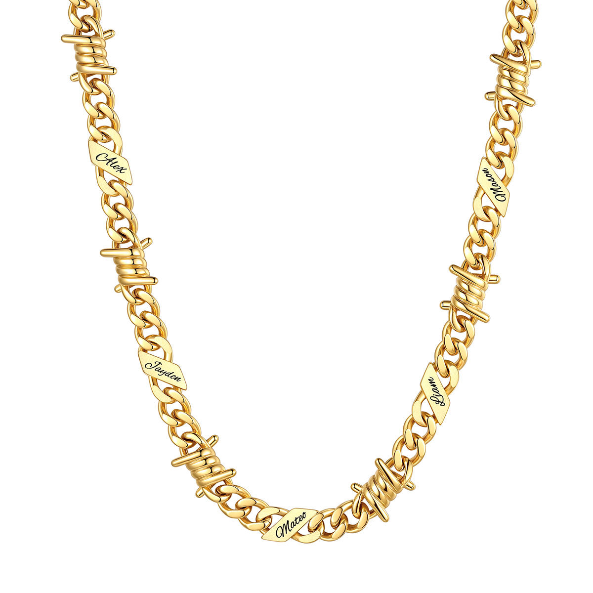 Personalized 5 Names Barbed Wire Cuban Link Necklace 9mm on a white background Gold Plated