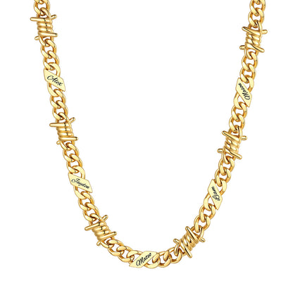 Personalized 5 Names Barbed Wire Cuban Link Necklace 9mm on a white background Gold Plated