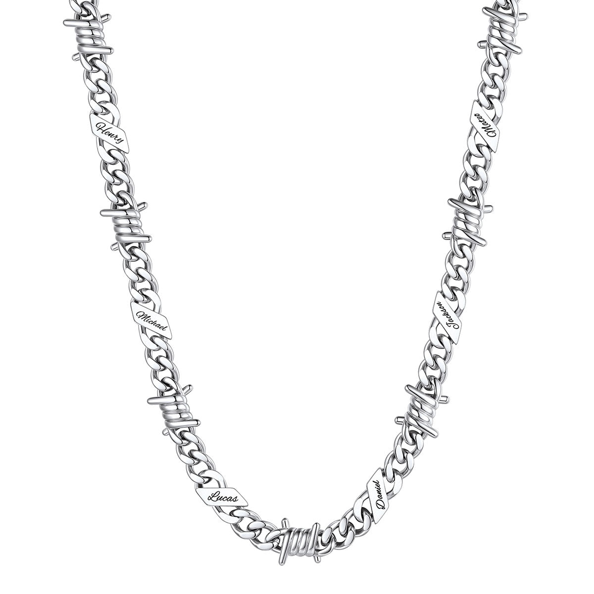 Personalized 6 Name Barbed Wire Cuban Link Necklace 9mm on a white background