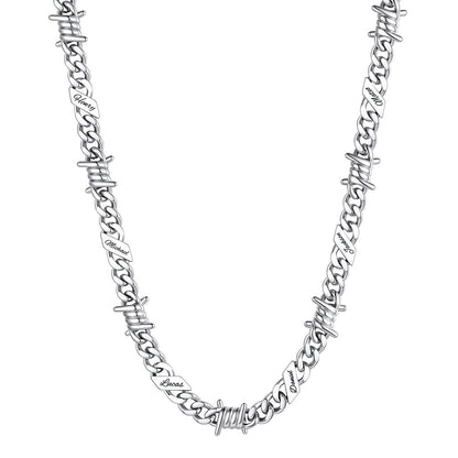Personalized 6 Name Barbed Wire Cuban Link Necklace 9mm on a white background