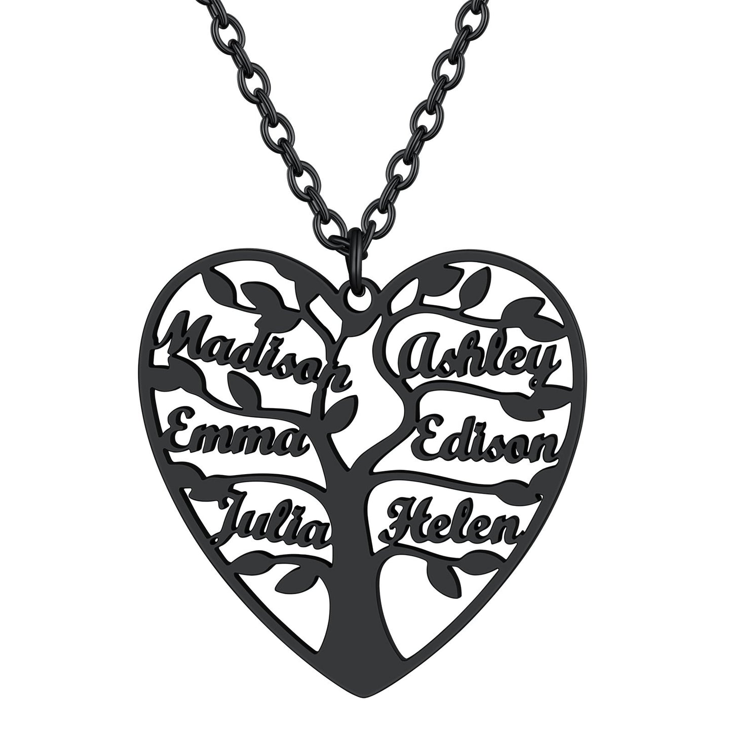 Personalized 6 Name Family Tree of Life Heart Necklace Black