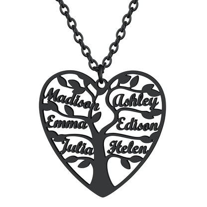 Personalized 6 Name Family Tree of Life Heart Necklace Black