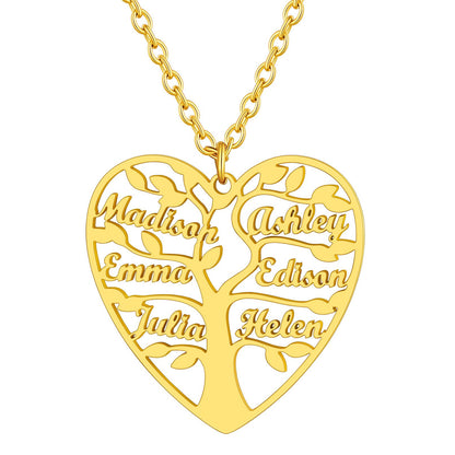 Personalized 6 Name Family Tree of Life Heart Necklace Gold Plated