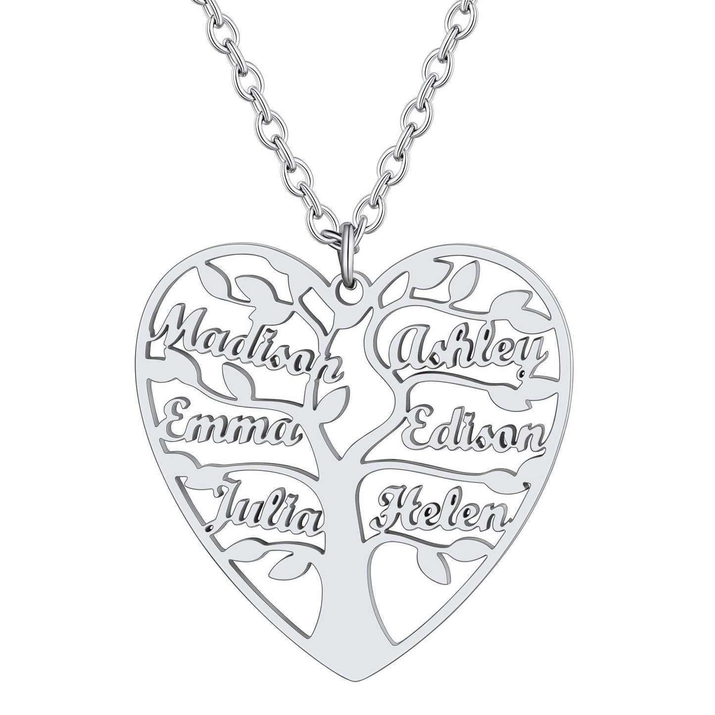 Personalized 6 Name Family Tree of Life Heart Necklace Steel