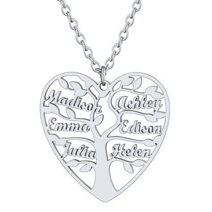 Personalized 6 Name Family Tree of Life Heart Necklace Steel