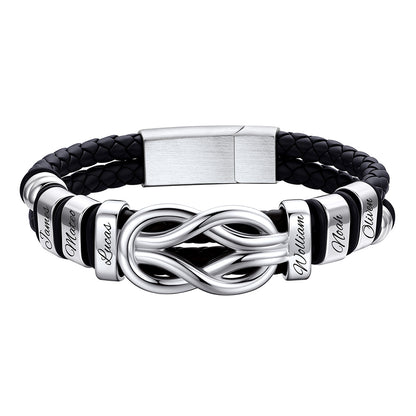 Personalized 6 Name Infinity Love Knot Leather Bracelet for Men on a white background
