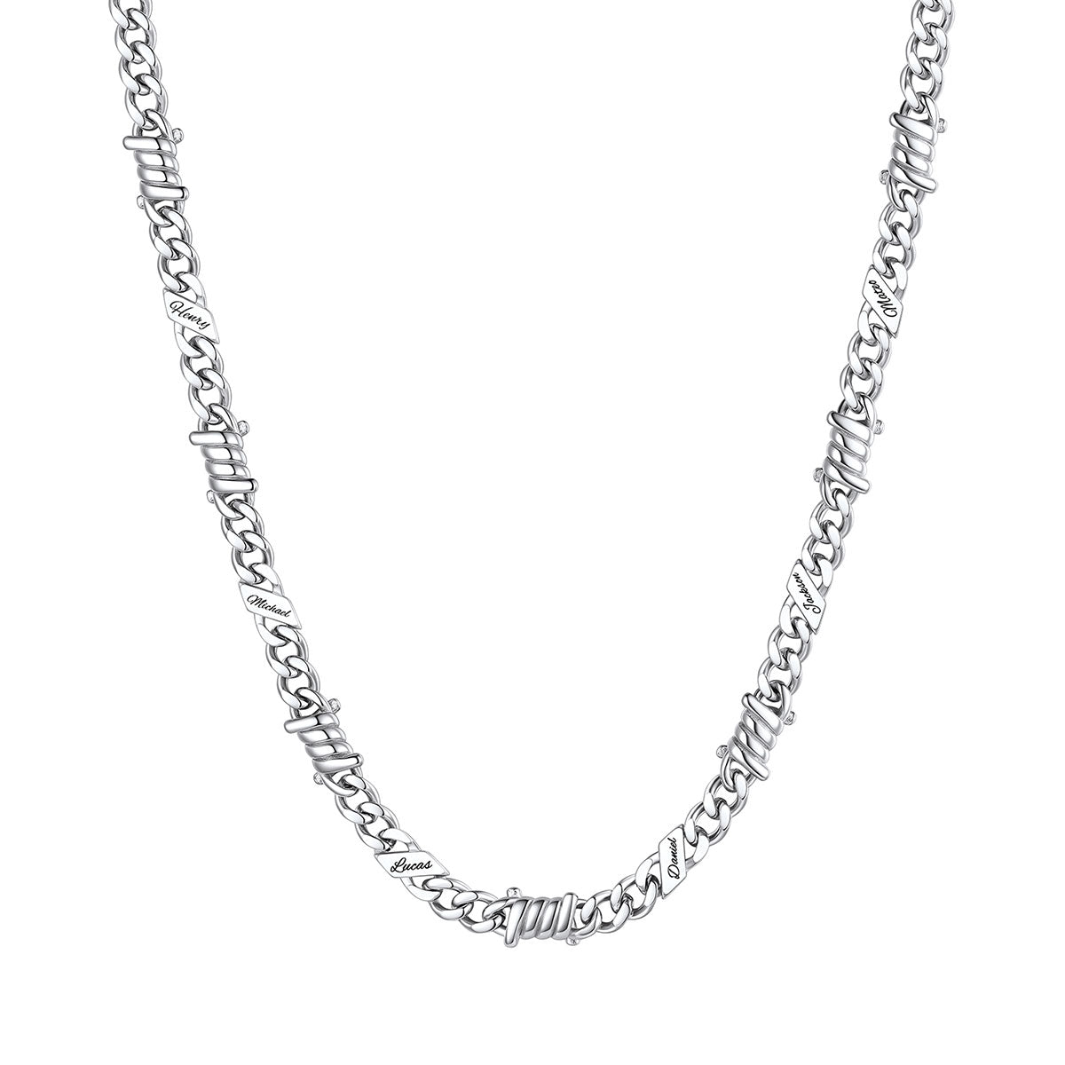 Personalized 6 Names Barbed Wire Cuban Link Necklace 5mm on a white background