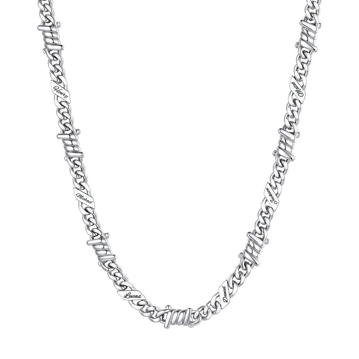 Personalized 6 Names Barbed Wire Cuban Link Necklace 7mm on a white background