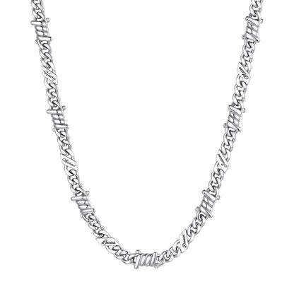 Personalized 6 Names Barbed Wire Cuban Link Necklace 7mm on a white background