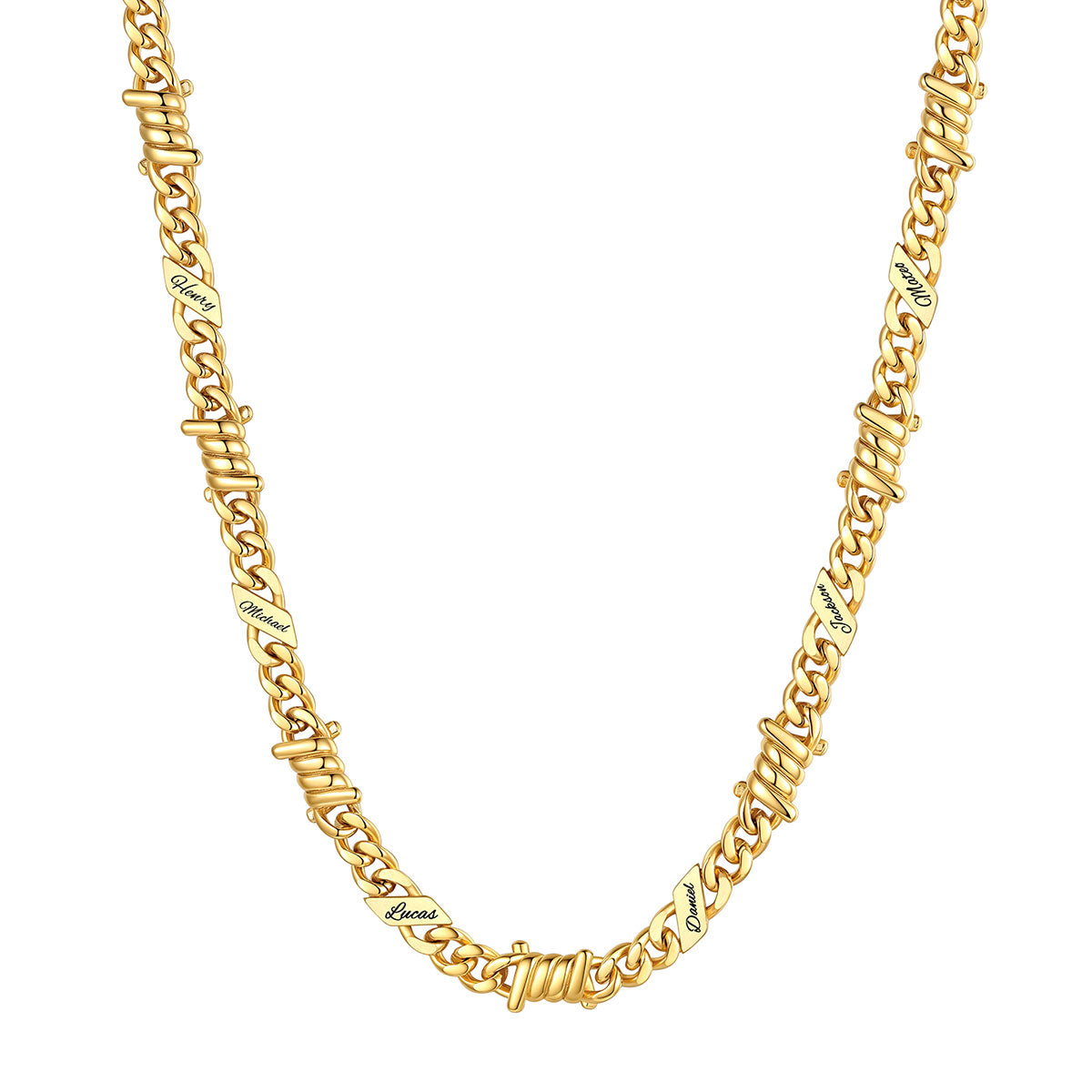 Personalized 6 Names Barbed Wire Cuban Link Necklace 7mm on a white background Gold Plated